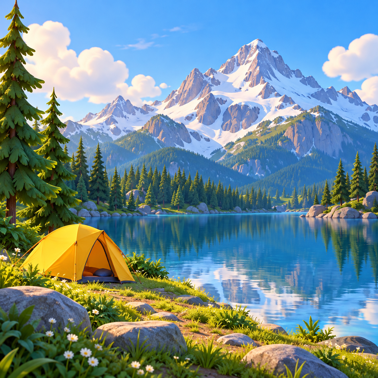 AI image example of a tent beside a mountain lake in a cartoon style